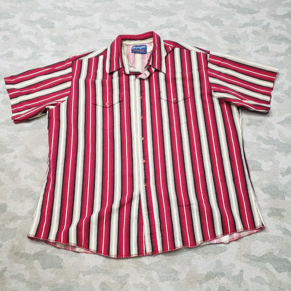 Vintage Wrangler Western Shirt Mens XXL Red Stripe Pearl Snap Short Sleeve Rodeo